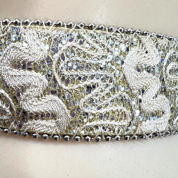 Taupe, Cream & Gold Sparkly Brocade Fabric Belt  Silver Buckle M  Fairy  Beachy - Picture 3 of 3